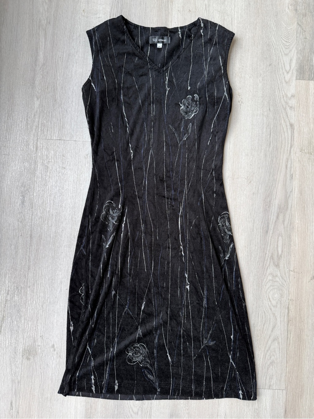 Anna Sui Vintage Sleeveless Black Velvet Floral Dress Size Small